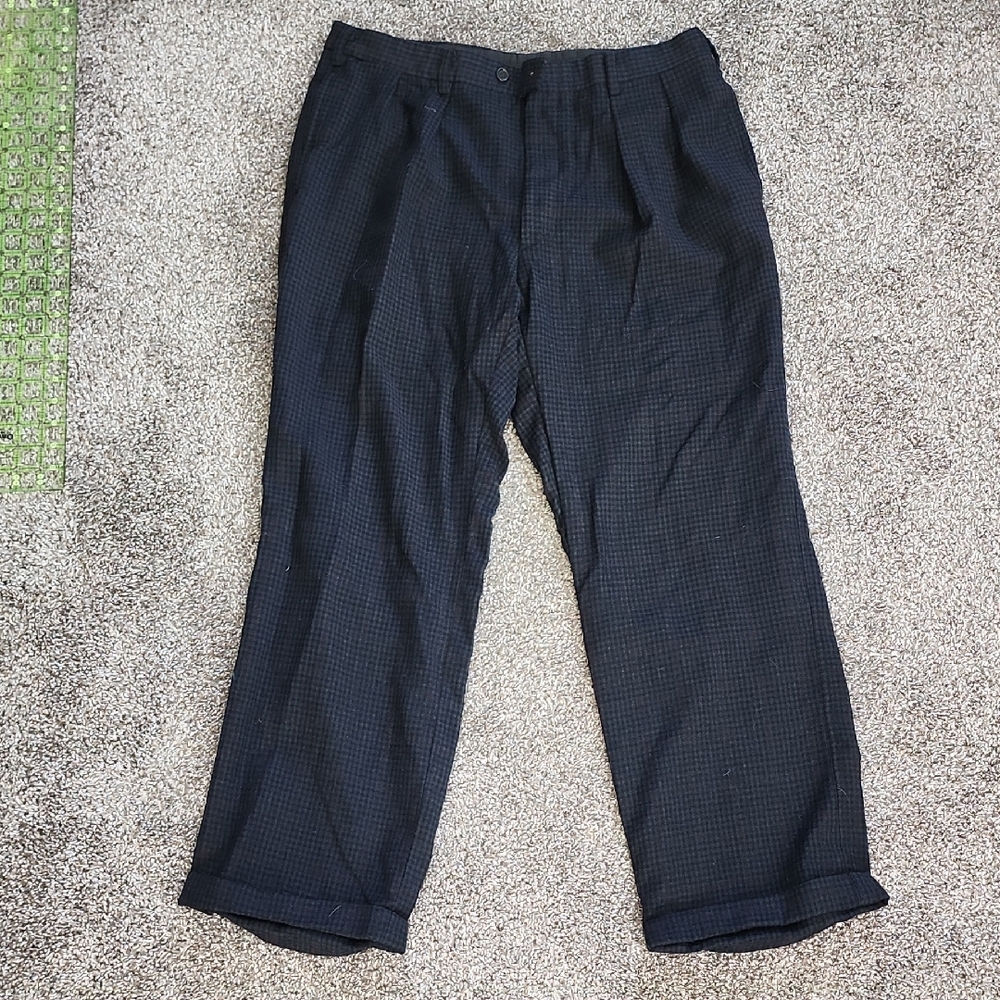 Men's 100% Wool Black Checkered Slacks With Pleats